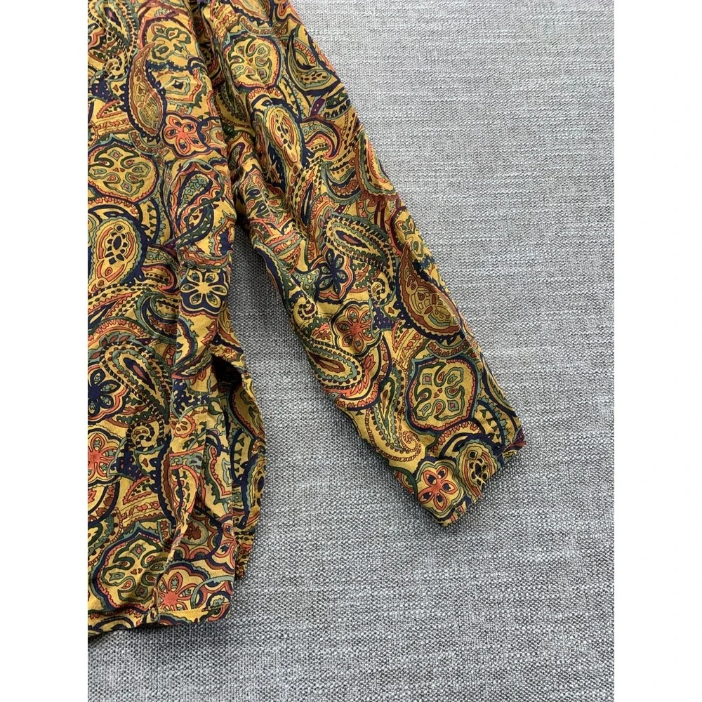 August Silk Shirt Women Medium Multicolor Paisley Print Silk Side Slit Button Up